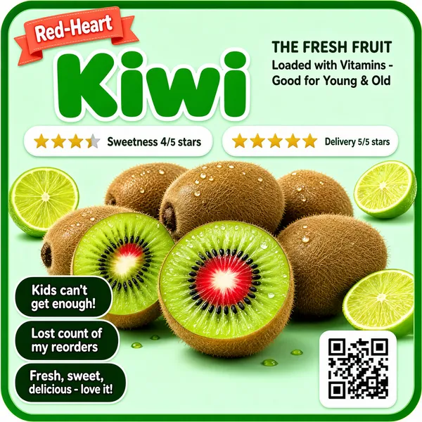 [Format]
Professional e-commerce product main image, square 1:1, fresh social-proof fruit style. A mint-green card layout with review bubbles and star ratings.

[Colors]
Background a soft mint green around #cfe8cf inside a rounded green frame with a darker rim. Accent lime slices, fuzzy kiwi browns, a coral badge and white pills. No frame border beyond the rounded card edge.

[Layout]
A coral ribbon badge and a bold title cross the top, with a small English eyebrow line and a benefit line at the right. Two white rating pills sit directly beneath. A cluster of kiwis fills the centre. Three dark review bubbles stack at the lower left with a QR chip at the lower right.

[Subject]
A pyramid of whole fuzzy brown kiwis with one cut in half front and centre showing bright green flesh, a ring of tiny black seeds and a striking red sunburst core; another half leans at the left, everything dewy and fresh-picked. No people.

[Headline]
Top-left coral tag: "Red-Heart". Title: "Kiwi" in fat green characters with a white outline. Right: "THE FRESH FRUIT" in small caps and "Loaded with Vitamins - Good for Young & Old". Rating pills: "Sweetness 4/5 stars" and "Delivery 5/5 stars". Review bubbles: "Kids can't get enough!", "Lost count of my reorders", "Fresh, sweet, delicious - love it!"

[Mood]
Fresh, friendly and community-endorsed; minty market-card styling with juicy cut fruit and real shopper voices.