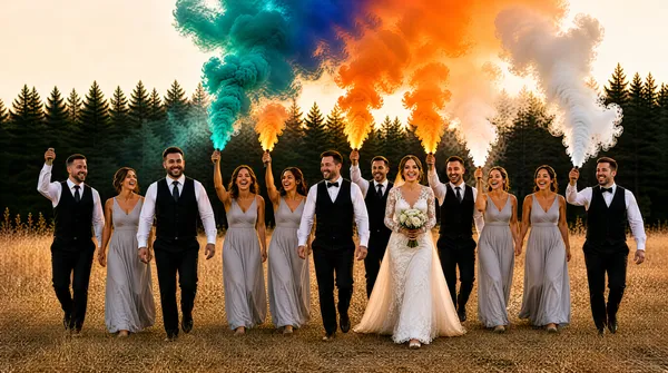 [Format]
Landscape 16:9 gig cover, one full-bleed celebratory wedding photograph used as the entire cover, warm golden-hour grade with a soft hazy glow. Photographic finish, no graphic overlays. No watermark, no personal names.

[Layout]
A single photograph fills the frame with no panels, no typography and no badges. Composition: an outdoor field at dusk with a dark pine tree line across the upper background and a pale sky. A wedding party of ten people walks toward the camera in a loose line across the middle of the frame. The upper half of the frame is filled with dramatic plumes of coloured smoke bursting upward — teal, orange, blue and white — held by the party members, creating a colourful canopy over the group. Depth layers: dark trees behind, smoke mid-ground, people on dry grass foreground, even spacing across the width with the bride slightly right of center.

[Subject]
A wedding party of mixed men and women walking toward camera: men in black vests with white shirts, women in long pale-grey gowns, the bride center-right in a white lace gown holding a bouquet. Several hold aloft handheld smoke flares casting teal, orange, blue and white smoke. Everyone smiling, full-length framing with grass at the bottom edge.

[Headline]
None — the cover carries no text at all.

[Badges]
None.

[Mood]
Warm sunset amber against teal and orange smoke — joyful, cinematic, festive. At thumbnail size it reads as a colourful smoke celebration; the implied message is a cinematic wedding reel rather than a typed offer.