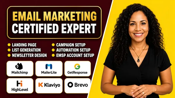 [Format]
Landscape 16:9 gig cover, bold split-background service graphic. High-contrast vector style, no watermark, no personal names.

[Layout]
The frame is split diagonally from top-right to bottom-left: dark maroon on the left, bright yellow on the right. A woman stands on the yellow side, while the left side holds a large rounded headline plate at the top, a two-column bullet list below it, and a 2x3 grid of brand badges at the bottom. A thin white diagonal line separates the two halves.

[Subject]
A generic woman with long dark curly hair, wearing a black short-sleeve top and a pendant necklace. Waist-up, hands clasped gently at her waist, smiling at the camera, positioned on the yellow right side.

[Headline]
Top-left inside a dark rounded rectangle with a gold border: "EMAIL MARKETING" in large bold gold sans-serif capitals, then "CERTIFIED EXPERT" in bold white sans-serif capitals below. Under the headline plate, two columns of bullet text in white sans-serif capitals, each preceded by a small yellow dot: left column "LANDING PAGE", "LIST GENERATION", "NEWSLETTER DESIGN"; right column "CAMPAIGN SETUP", "AUTOMATION SETUP", "EMSP ACCOUNT SETUP".

[Badges]
Bottom-left 2x3 grid of white rounded rectangles: top row Mailchimp, MailerLite, GetResponse; bottom row HighLevel, Klaviyo, Brevo. Each cell contains the respective brand wordmark and icon.

[Mood]
Dark maroon, gold, and bright yellow with white type. Bold, authoritative, and service-heavy; the diagonal split and badge grid create a strong thumbnail silhouette.