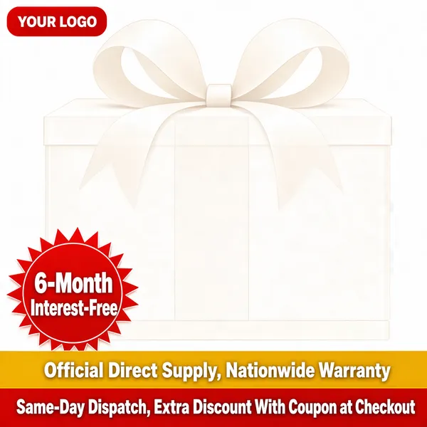 [Format]
Professional e-commerce product main image, square 1:1, bright generic promo template with a giant pale gift-box placeholder and bold red-and-gold financing banners.

[Colors]
Clean white background (#ffffff) with a faint off-white gift box silhouette (#f3f3f3); vivid red badges and banner (#e0342b); warm golden-yellow banner (#f7b52c); white text throughout. No frame border.

[Layout]
A huge pale gift box with an oversized bow occupies the center of the frame as a barely visible placeholder; a red circular burst badge sits at the bottom left; two full-width banner bars stack across the bottom edge, yellow on top and red beneath it.

[Subject]
A blank white gift box wrapped with a large soft ribbon bow, rendered as a translucent placeholder filling most of the canvas.

[Headline]
Red circular badge at bottom left reads '6-Month Interest-Free' in bold white characters on two lines; the yellow banner states 'Official Direct Supply, Nationwide Warranty'; the red banner beneath states 'Same-Day Dispatch, Extra Discount With Coupon at Checkout' in heavy white text.

[Badges]
Small red rounded logo chip at the top left corner reading 'YOUR LOGO'; red circular price burst at the bottom left.

[Mood]
Festive and confident, leaning on financing and service promises to reassure big-ticket digital goods shoppers.