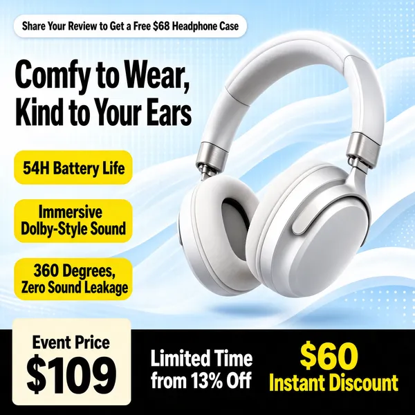 [Format] Professional e-commerce product main image, square 1:1, airy tech-accessory poster with flowing wave backdrop. [Colors] Background of light blue layered with smooth white wave ribbons and fine dotted textures (#cfe0ee to #f4f8fb), primary accent of silver-white headphones, black title type, yellow claim pills, black promo band with yellow numerals. No frame border. [Layout] A white pill with dark text sits top left as a gift teaser; two heavy black headline lines run beneath it; the headphones angle across the right two-thirds; three yellow pills with black claims stack down the left; the bottom fifth is a black bar split between a cream price block and two offer notes. [Subject] Silver-white over-ear headphones with plush padded earcups, a cushioned headband and brushed metal joints, floating at a three-quarter tilt with soft reflections. [Headline] Top pill reads 'Share Your Review to Get a Free $68 Headphone Case'; black title 'Comfy to Wear, Kind to Your Ears'; yellow pills state '54H Battery Life', 'Immersive Dolby-Style Sound', '360 Degrees, Zero Sound Leakage'; bottom shows 'Event Price $109' and 'Limited Time from 13% Off' plus '$60 Instant Discount'. [Mood] Light, breezy and comfort-first, easy-listening energy.