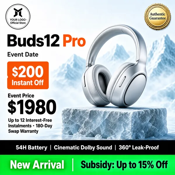 [Format]
Professional e-commerce product main image, square 1:1, icy tech-flagship style with a mountain backdrop and stacked offer chips.

[Colors]
A frosty blue-white glacial scene (#dfe9f0 range) with dark charcoal type; accents in vivid orange chips, a green strip and a black footer. No frame border.

[Layout]
The top-left holds a small round badge with a "YOUR LOGO · Official Store" placeholder; the top-right carries a gold seal. The product name sits upper-left with a date line; an orange coupon square and a price stack run down the left; the headphones perch centre-right on an ice-rock plinth; the bottom sixth holds a black spec bar above a green launch strip.

[Subject]
Plush silver-white over-ear wireless headphones with softly padded oval earcups and a curved headband, standing upright on a frosted stone block with blurred icy peaks and mist behind; cool studio light. No people.

[Headline]
"Buds12 Pro" in heavy black with "Pro" in orange; a small grey event-date line beneath. An orange square chip reads "$200 Instant Off"; below it "Event Price $1980" with the figure oversized; small lines "Up to 12 Interest-Free Instalments · 180-Day Swap Warranty". Gold seal "Authentic Guarantee". Black bar: "54H Battery | Cinematic Dolby Sound | 360° Leak-Proof". Green strip: "New Arrival" and "Subsidy: Up to 15% Off".

[Mood]
Crisp, premium and promotion-dense; arctic whites with hot orange deal markers.