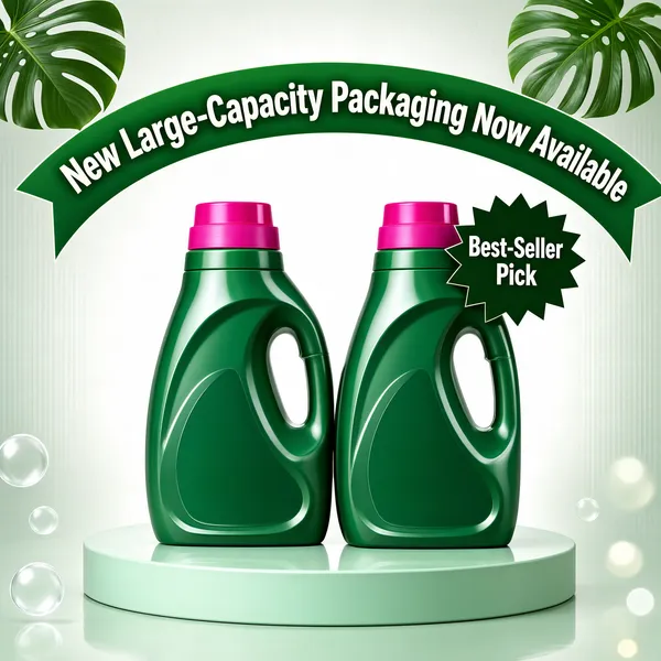 [Format]
Professional e-commerce product main image, square 1:1, fresh clean household style. Mint-and-green palette with leafy props and soft daylight.

[Colors]
Background a light neutral studio grey-green around #eef0ea brightening to white at the centre, with translucent bubbles and soft bokeh dots drifting near the base. Accent bottle green, magenta caps and tropical leaf greens. No frame border.

[Layout]
A large green headline ribbon arcs across the top. The two jugs sit side by side on a pale green round podium at centre, soft reflections pooling beneath it. A dark green starburst badge overlaps the right jug's cap. Monstera leaves enter from the upper corners and small bubbles float at the lower sides.

[Subject]
Two identical green laundry detergent jugs with slim necks, bright magenta screw caps and moulded side handles, glossy plastic with subtle highlights running along the moulded grips, standing close together on the low round mint podium. No people.

[Headline]
Green ribbon top: "New Large-Capacity Packaging Now Available" in cream characters. Starburst badge: "Best-Seller Pick". The rest of the layout stays deliberately minimal and product-led.

[Mood]
Clean, fresh and trustworthy; leafy green simplicity that signals gentle, high-volume everyday cleaning power.