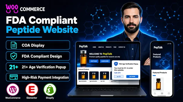 [Format]
Professional Fiverr gig cover, landscape 16:9 banner. Dark technical e-commerce advertising style lit with electric blue. Clinical, modern and high-trust. No watermark, no personal names.

[Layout]
A dark navy background carrying a faint honeycomb hexagon texture and a scattered molecular dot pattern, with a cool blue glow blooming behind the right-hand devices and a soft blue vignette around the edges. The left half is a typography and feature column; the right half holds the subject with a device cluster in front of him.

[Subject]
Right side, cropped at the chest: a white / Caucasian man with neatly combed dark hair, a full beard and moustache, a calm confident expression, wearing a navy suit jacket over a matching navy button-up shirt, arms folded. Cool studio light with a blue rim, sharp focus, looking straight at the camera.

[Headline]
Stacked on the left, left-aligned: the "WOO COMMERCE" lockup at the top - the magenta WooCommerce mark beside "COMMERCE" in white caps; then "FDA Compliant" in bold white caps; then "Peptide Website" in bold bright-blue caps; then a short blue rule.

[Badges]
Below the rule, four rounded outlined boxes, each with a cyan line icon on a blue tile and bold white text: a document icon for "COA Display", a shield-check icon for "FDA Compliant Design", a "21+" icon for "Age Verification Popup" and a card icon for "High-Risk Payment Integration". Along the bottom left, three circular app marks with small white labels beneath them: the magenta WooCommerce mark over "WooCommerce", the red Elementor mark over "Elementor", and the green Shopify bag mark over "Shopify".

[Devices]
Centre-right: a dark laptop and, overlapping it on the right, a dark smartphone, both running the same peptide store branded "PepTalk". The laptop shows a top navigation with "HOME ABOUT US PRODUCTS PAGE CONTACT US" and a search glyph, a hero reading "WELCOME TO PepTalk" with the supporting line "Premium quality peptides for research use only" and blue "SHOP NOW" and "LEARN MORE" buttons over a photograph of amber peptide vials, a "Featured Products" row of vial product cards, and a modal dialog headed "Age Verification" with "You must be 21+ to enter this website." above blue "I am 21+" and "Exit" buttons. The phone repeats the same "PepTalk" mobile layout with "Featured Products" and a vial card.

[Mood]
Clinical, compliant and premium; dark navy with a blue molecular glow, tidy blue outlined feature boxes and a confident expert on the right.