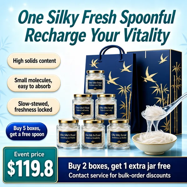 [Format]
Professional e-commerce product main image, square 1:1, cool-toned premium tonic-ad style built around a ceremonial gift box.

[Colors]
Background an icy light blue (#dceaf2 range) with a soft white glow, deep blue gift boxes with gold swallow motifs, teal, white and beige type; No frame border.

[Layout]
The headline across the top; three beige claim pills stacked on the left; the blue gift bag and box on the right; a pyramid of small glass jars at centre; a spoonful of bird's nest at lower-right; a small blue gift pill left of the jars; a teal price panel and blue claim bands along the bottom.

[Subject]
No people. A deep-blue gift bag and matching box patterned with gold swallows and bamboo, six small glass jars of white bird's nest stacked in a pyramid, a glass spoon lifting a glistening strand above a small bowl.

[Headline]
Big teal italic-flavoured characters: "One Silky Fresh Spoonful" over "Recharge Your Vitality". Beige pills, brown text: "High solids content", "Small molecules, easy to absorb", "Slow-stewed, freshness locked". Blue pill, white text: "Buy 5 boxes, get a free spoon". Blue band, bold white: "Buy 2 boxes, get 1 extra jar free" with a small line "Contact service for bulk-order discounts".

[Badges]
Bottom-left teal panel: "Event price" small, "$119.8" huge white.

[Mood]
Premium, nourishing and gifting-ready; icy blues with gold accents and delicate wellness cues.