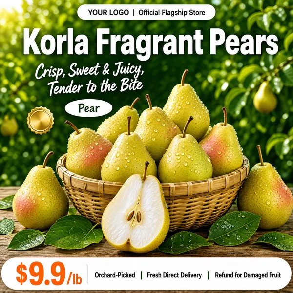 [Format]
Professional e-commerce product main image, square 1:1, fresh orchard-harvest style pairing juicy fruit photography with friendly hand-drawn type.

[Colors]
Background is a soft-focus green orchard (#7fae4e range) with bright leafy bokeh and a wooden table surface; the pears are yellow-green (#b8cc4e) with dewdrops; the headline is white; the bottom banner is a white rounded pill carrying orange, green and dark text; small badges are white and gold. No frame border.

[Layout]
A slim white logo pill crosses the top edge; the giant white headline sits across the upper third; handwritten white script and a small oval badge decorate the middle; a woven basket of pears fills the lower centre on the table; a full-width white pill banner hugs the bottom edge.

[Subject]
No people. A round bamboo basket heaped with plump Korla pears in yellow-green blushed skins, every fruit beaded with fresh water droplets; one pear in front sits cut open revealing crisp snowy-white flesh; scattered green leaves and a rustic wooden tabletop complete the harvest scene in bright natural light.

[Headline]
Top pill: "YOUR LOGO | Official Flagship Store". Main headline in huge bold white sans-serif: "Korla Fragrant Pears". Handwritten white script beside the fruit: "Crisp, Sweet & Juicy, Tender to the Bite". A small white oval badge reads "Pear" with a gold seal beside it. Bottom banner: a large orange "9.9" with a tiny "$" and "/lb" suffix, then three green claims separated by bars: "Orchard-Picked | Fresh Direct Delivery | Refund for Damaged Fruit".

[Mood]
Fresh, juicy and trustworthy; sunlit orchard greens with breezy hand-drawn lettering.