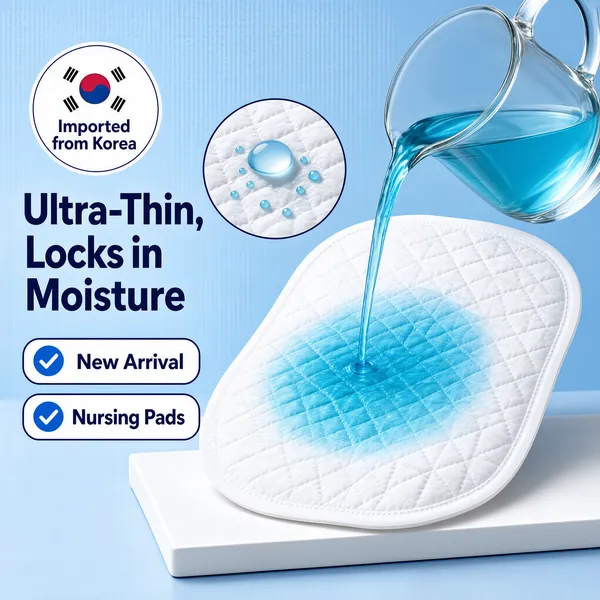 [Format] Professional e-commerce product main image, square 1:1, clean pastel demo-style composition with liquid pour. No watermark, no personal names.

[Colors] Background a soft powder blue #b8d4e8 range; lower area a pale blue tabletop with a white rectangular base slab; accent colours crisp white, deep navy text and a translucent aqua #35c2d8 pour of water. No frame border.

[Layout] Left column carries a circular origin badge at top, a large two-line claim headline, and two stacked checkmark pills beneath it. Right two-thirds dominated by a huge white nursing pad seen at an angle, with a glass pitcher above pouring a stream of aqua water onto it; a small circular inset bubble near the top of the pad shows a magnified droplet-on-fabric detail.

[Subject] No people. An oversized white ultra-thin nursing pad with a quilted diamond embossed surface and soft curved silhouette, its center turning translucent aqua as water spreads and locks in; above, a glass pitcher tilted pours a smooth ribbon of blue-tinted water. The inset bubble shows a single droplet beading on the embossed texture surrounded by tiny blue absorption beads.

[Headline] Left side, deep navy bold type: "Ultra-Thin, Locks in Moisture" across two large lines. Below it two white rounded pills with navy borders, each with a blue check circle: first reads "New Arrival", second reads "Nursing Pads".

[Badges] Top-left circular badge with a small South Korean flag illustration and the words "Imported from Korea" stacked in navy.

[Mood] Pure, gentle and technical; the water-pour test dramatizes absorbency with airy calm.
