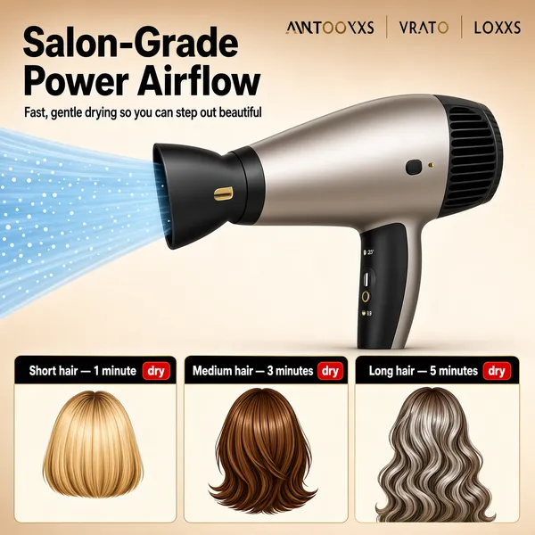 [Format]
Professional e-commerce product main image, square 1:1, informative salon-appliance style with an illustrated timing guide.

[Colors]
Background is a warm taupe-to-cream gradient (#cbb9a6 range). Headline dark charcoal, tab row black with gold, cards cream with brown illustrations, red accent chips. No frame border.

[Layout]
Top: a small logo row on the right. Upper-left: the headline and sub-line. Center: the hair dryer blown up large, angled left with a visible airflow cone. Bottom: three equal cards under three tab labels.

[Subject]
No people. A professional matte-silver and black hair dryer in side profile, concentrator nozzle to the left emitting a soft translucent blue air stream with tiny moisture dots, black grip and rear grill detail.

[Headline]
Top-left: "Salon-Grade Power Airflow" in heavy charcoal caps, sub-line "Fast, gentle drying so you can step out beautiful". Three black tabs each ending in a small red "dry" chip: "Short hair — 1 minute", "Medium hair — 3 minutes", "Long hair — 5 minutes". Beneath each tab, a cream card illustrates the matching hairstyle: a blonde bob, a chestnut mid-length cut, and a long wavy silver-brown mane.

[Mood]
Practical, salon-professional and reassuringly clear; warm neutrals with a precise how-fast-it-works chart.