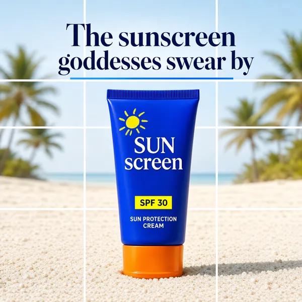 [Format]
Professional e-commerce product main image, square 1:1, summer beach beauty style with a neat grid overlay.

[Colors]
Pale sky-to-sand photographic backdrop with soft coconut-palm bokeh; a white grid of thin bars dividing the square; a vivid blue tube with an orange base; navy display type; no frame border.

[Layout]
Headline across the top; evenly spaced white grid lines segmenting the frame; the tube standing dead-centre on pale sand at the grid intersection. Thin white bars divide the square into even cells, with the tube's orange cap aligned near a lower intersection of the grid.

[Subject]
A blue squeeze sunscreen tube with a hand-drawn yellow sun doodle, white "SUN screen" lettering, "SPF 30" in a small yellow box and "SUN PROTECTION CREAM" beneath, finished with an orange flip cap, standing upright on fine sand. No people.

[Headline]
Top: "The sunscreen goddesses swear by" in elegant navy display type with a delicate secondary accent line beneath it in a lighter tone.

[Mood]
Sunny, breezy and poolside-fresh; the white grid gives a magazine-collage neatness while the blue-and-orange tube pops against the sand. Soft beach blur behind the hard grid lines adds depth while keeping the composition orderly.