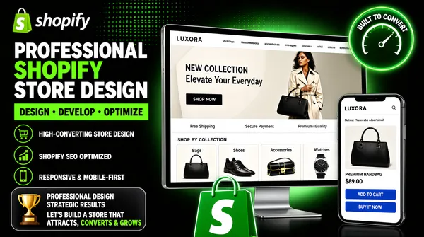 [Format]
Professional Fiverr gig cover, landscape 16:9 banner. Dark premium e-commerce advertising style with glowing green accents. Sleek, modern and conversion-focused. No watermark, no personal names.

[Layout]
A near-black background with a soft green radial glow blooming behind the right-hand mockups and a faint green dotted-grid texture across the upper left. The left column is a typography and feature stack; the right side is dominated by a large desktop monitor with a phone overlapping its lower right. A round speedometer badge floats at the top right and a large app glyph at the bottom centre.

[Subject]
No people. A pure product and interface composition.

[Headline]
Stacked on the left: the "shopify" lockup at the top - the green shopping-bag glyph beside the white wordmark; then "PROFESSIONAL" in heavy white caps; "SHOPIFY" in very heavy bright-green caps; "STORE DESIGN" in very heavy white caps; and beneath, a green slab containing "DESIGN • DEVELOP • OPTIMIZE" in bold black caps. At the very bottom left, a rounded dark panel with a gold trophy icon beside "PROFESSIONAL DESIGN" over "STRATEGIC RESULTS" in white, then a line reading "LET'S BUILD A STORE THAT ATTRACTS, CONVERTS & GROWS" with the closing words picked out in green.

[Badges]
Under the headline slab, three left-aligned rows each led by a green-outlined circular icon with white caps text: a shopping-cart icon for "HIGH-CONVERTING STORE DESIGN", a rising bar-chart icon for "SHOPIFY SEO OPTIMIZED" and a phone icon for "RESPONSIVE & MOBILE-FIRST". At the top right, a round green speedometer badge reading "BUILT TO CONVERT".

[Devices]
Centre-right: a large silver-framed desktop monitor and, overlapping its lower right, a standing smartphone, both running the same light e-commerce store branded "LUXORA". The monitor shows a "NEW COLLECTION" hero reading "Elevate Your Everyday" with a "SHOP NOW" button over a photograph of a woman in a cream trench coat carrying a black handbag, a trust strip for "Free Shipping", "Secure Payment" and "Premium Quality", and a "SHOP BY COLLECTION" grid of four product tiles labelled "Bags", "Shoes", "Accessories" and "Watches". The phone repeats the store on a mobile layout with a "PREMIUM HANDBAG $89.00" product card, a colour swatch row and blue "ADD TO CART" and "BUY IT NOW" buttons.

[Mood]
Premium, sales-focused and technical; near-black with a green glow, a bright platform lockup and a polished store mockup that signals conversion.