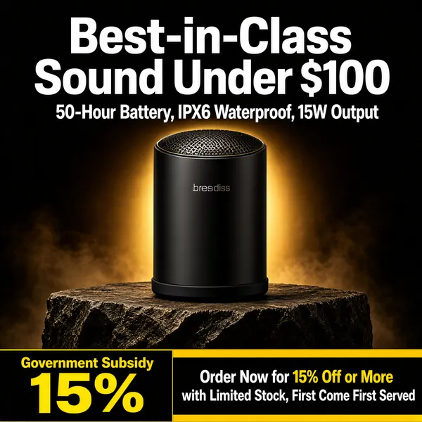 [Format] Professional e-commerce product main image, square 1:1, dramatic dark tech-audio style. [Colors] Near-black background with a smoky brown haze #1a130c, warm gold rim light #c9973f pooling behind a stone pedestal, white headline type, black-and-gold bottom band, yellow subsidy numerals #f5c542, no frame border. [Layout] Giant headline across the top, a spec line beneath it, the cylindrical speaker centered on a rough rock plinth, a black banner strip spanning the bottom split between a subsidy figure and a discount note. [Subject] A matte black cylindrical wireless speaker with a subtly domed metal grille top, a thin brand wordmark on its face and a rubber base ring, lit by a single warm key light from behind. [Headline] Best-in-Class Sound Under $100 in huge white characters; the spec line reads 50-Hour Battery, IPX6 Waterproof, 15W Output; the bottom band shows Government Subsidy 15% in gold and Order Now for 15% Off or More with Limited Stock, First Come First Served in small type. [Badges] No separate claim pills; the spec line and subsidy figures carry all supporting claims. [Mood] Moody, powerful and premium, with cinematic backlighting that makes the black speaker feel heroic.