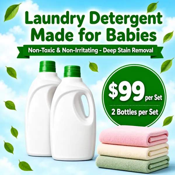 [Format]
Professional e-commerce product main image, square 1:1, breezy baby-care style. Sky-blue freshness with leafy motion and soft white bottles.

[Colors]
Background a bright spring sky around #bfe3f2 with soft white cloud glow and green leaves drifting through. Accent bottle-green caps and headline, white plastic jugs and a green price ring. No frame border.

[Layout]
The headline spans the top in bold green with a green ribbon sub-line beneath. Two jugs stand centre-left, slightly overlapping. A big green circle at the right holds the price and set count. A stack of pastel folded towels anchors the lower right while leaves flutter across the sky.

[Subject]
Two tall white laundry detergent jugs with slender green screw caps, moulded handles and smooth unbranded bodies, standing side by side with gentle highlights; beside them a neatly stacked pile of folded towels in pink, cream and sage green. No people.

[Headline]
Top: "Laundry Detergent Made for Babies" in fat green characters. Green ribbon: "Non-Toxic & Non-Irritating - Deep Stain Removal". Green circle: "$99 per Set" in heavy white numerals and "2 Bottles per Set" beneath.

[Mood]
Fresh, gentle and airy; sky-and-leaf lightness signalling safe baby-grade cleaning at a simple bundle price.