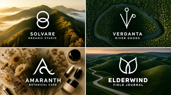 [Format]
Landscape 16:9 gig cover, 2x2 grid of photographic brand tiles each with a white line-art monogram and spaced caps name. Soft cinematic-photography finish. No watermark, no personal names.

[Layout]
Four equal photo tiles with thin white seams. Top-left: sunlit misty mountain ridges in warm gold-green, a white rounded-line monogram of stacked loops forming a letter above a wide-spaced white caps name and a tiny letter-spaced descriptor. Top-right: an aerial view of a forest river in deep greens, a white thin-line monogram of a letter crossed by a vertical stem and two floating circles, above a widely letter-spaced caps name and small sub-line. Bottom-left: a warm sepia close-up of dried flowers over cosmetics, a white line monogram of a triangle letter fused with a looping tail, above white caps name and tiny descriptor. Bottom-right: rolling green hills with a winding road at dusk, a white abstract mark of two joined leaf-loops above a heavy wide-spaced caps name and letter-spaced sub-line.

[Subject]
None — landscapes and still-life only.

[Headline]
Each tile carries a different invented brand lockup (placeholder copy, no real brands): a wide-spaced white caps name of eight to eleven letters with a tiny letter-spaced descriptor beneath, paired with the line monograms above.

[Badges]
None.

[Mood]
Warm gold, deep forest green, sepia beige and dusk green; boutique, organic, editorial-luxury energy. White thin-line marks stay crisp against the darkened photo centres.