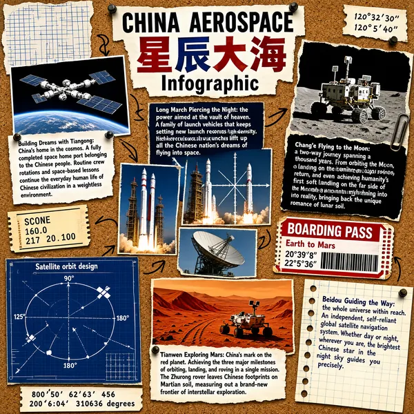 This is a China Aerospace-themed infographic designed in a collage-art style on a corkboard background. The overall layout is freely scattered, simulating the visual effect of real newspaper clippings or research notes. The title "CHINA AEROSPACE" is presented as collage lettering in various colors and fonts, with the Chinese characters for "Stars and Seas" and the English word "Infographic" below it, forming a bilingual main title. The entire composition consists of multiple photos, handwritten annotations, tickets, blueprints, and sticky notes pinned to the corkboard with thumbtacks and paper clips, creating a visual atmosphere full of exploratory spirit and handmade texture. The infographic's content is divided into five core sections, each containing a representative image and a descriptive text, introducing important achievements of China's space program one by one: 1. **Building Dreams with Tiangong: China's Home in the Cosmos** - Image: an overhead view of China's space station (Tiangong) in Earth orbit, showing its large solar panels and modular structure. - Text: "Building Dreams with Tiangong: China's home in the cosmos. A fully completed space home port belonging to the Chinese people. Routine crew rotations and space-based lessons continue the everyday human life of Chinese civilization in a weightless environment." - Beside it is a torn-edged, light-colored ticket printed with numbers such as "SCONE," "160.0," and "217 20.100," possibly symbolizing some kind of data record or commemorative voucher. 2. **Chang'e Flying to the Moon: A Two-Way Journey Spanning a Thousand Years** - Image: the Yutu lunar rover on the lunar surface, with solar panels and an antenna, leaving clear wheel tracks. - Text: "Chang'e Flying to the Moon: a two-way journey spanning a thousand years. From orbiting the Moon, to landing on the Moon, to sample return, and even achieving humanity's first soft landing on the far side of the Moon. An ancient myth shining into reality, bringing back the unique romance of lunar soil." - The right side of this section is fastened with a paper clip, with torn black paper as the background. 3. **Long March Piercing the Night: The Power Aimed at the Vault of Heaven** - Image: three photos of Long March series rocket launches from different angles, with jets of flame and dense launch towers; plus another photo of a large satellite ground receiving dish. - Text: "Long March Piercing the Night: the power aimed at the vault of heaven. A family of launch vehicles that keeps setting new launch records. High-density, high-success-rate launches lift up all the Chinese nation's dreams of flying into space." - At the center of this area is a white grid-like X-shaped decoration, possibly symbolizing a launch trajectory or a technical symbol. 4. **Tianwen Exploring Mars: China's Mark on the Red Planet** - Image: the red dune terrain of the Martian surface, with an orange-yellow sky, showing a desolate yet magnificent alien landscape. - Text: "Tianwen Exploring Mars: China's mark on the red planet. Achieving the three major milestones of orbiting, landing, and roving in a single mission. The Zhurong rover leaves Chinese footprints on Martian soil, measuring out a brand-new frontier of interstellar exploration." - Above it is a ticket stub styled like a BOARDING PASS, in red and white, printed with the words "Earth to Mars" and a barcode, with the coordinates 20 degrees 39 minutes 8 seconds, 22 degrees 5 minutes 36 seconds marked on the left. 5. **Beidou Guiding the Way: The Whole Universe Within Reach** - Image: a satellite orbit design blueprint on a blue background, labeled "Satellite orbit design," depicting satellite orbital paths and angle graduations (such as 90 degrees, 125 degrees, 150 degrees, and 180 degrees), with a star-chart grid in the lower right corner. - Text: "Beidou Guiding the Way: the whole universe within reach. An independent, self-reliant global satellite navigation system. Whether day or night, wherever you are, the brightest Chinese star in the night sky guides you precisely." - The text portion uses graph-paper styling like notebook paper, with punched holes on the left. In addition, other details are scattered across the image: - In the upper left corner is a blue-and-white grid drawing with one corner torn open. - In the upper right corner is a torn-edged slip of paper showing the coordinates 120 degrees 32 minutes 30 seconds, 120 degrees 5 minutes 40 seconds. - At the bottom is a small slip of paper listing strings of numbers: "800'50' 62'63' 456" and "200'6:04' 310636 degrees," possibly some kind of code or measurement data. - Black hand-drawn lines outlining circles, arrows, and wavy lines appear in multiple places, enhancing the handmade feel and dynamic guidance. - The overall palette is dominated by brown cork, tech blue, and white text, paired with the orange-yellow of rocket flames and the crimson red of Mars, making the colors rich and layered. Through this unconventional, highly creative collage format, the infographic organically integrates China's four landmark space programs, namely the space station, lunar exploration, Mars exploration, and the navigation system, combining popular-science value with artistic appeal and vividly interpreting the exploration theme of "Stars and Seas.".