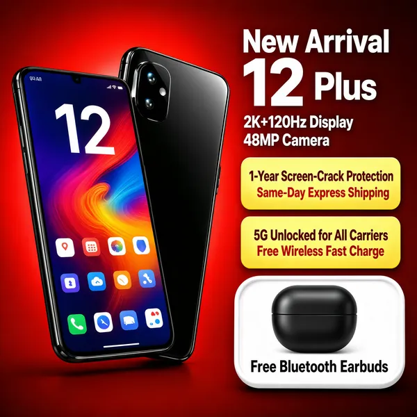 [Format]
Professional e-commerce product main image, square 1:1, high-energy phone-launch style with a saturated red gradient and stacked offer pills.

[Colors]
Background is a vivid red gradient in the #d3281e range, brightest at the centre and deepening at the corners. Accents are glossy black on the phones, white and gold on the headline, and two golden-yellow rounded offer cards. A white gift capsule sits at the bottom right. No frame border.

[Layout]
The two phones dominate the left half, one showing its screen and one its back, overlapping. The right column stacks: model name and spec lines at the top, then two large rounded yellow cards, then the earbuds gift capsule at the bottom right. No badges beyond the cards themselves.

[Subject]
Two black smartphones: the front unit shows a vivid abstract lock screen with large clock numerals and a colourful app grid, the rear unit reveals a dual-camera module and glossy black glass, angled in a dynamic overlapping pair with crisp reflections. A small black wireless-earbuds charging case rests in its white capsule at the lower right. No people.

[Headline]
Top right: "New Arrival 12 Plus" in bold white with the numeral enlarged, followed by two white spec lines "2K+120Hz Display" and "48MP Camera". Middle right, yellow rounded card one: "1-Year Screen-Crack Protection" with "Same-Day Express Shipping" beneath in smaller red text. Card two: "5G Unlocked for All Carriers" with "Free Wireless Fast Charge" beneath. Bottom-right white capsule: "Free Bluetooth Earbuds" in black.

[Mood]
Flashy launch-day excitement; hot red stage lighting, glassy black hardware and chunky yellow deal cards that read instantly small.