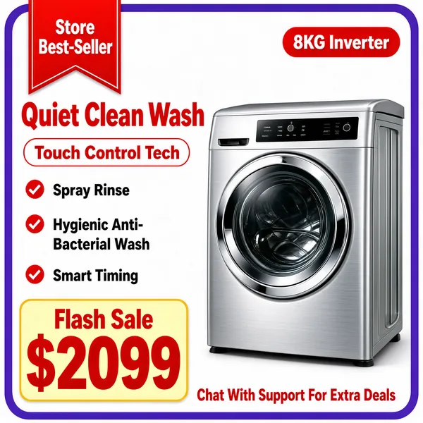[Format]
Professional e-commerce product main image, square 1:1, classic appliance-store flyer on white with a violet frame, red promo marks and a silver washing machine.

[Colors]
White ground inside a rounded violet border (#7a5cd0); a silver washer; bright red ribbon and pills (#e02b2b); a cream-yellow price plate.

[Layout]
A red ribbon hangs top-left, a red pill sits top-right, the washer occupies the centre-right, a checklist column runs down the left, and the flash-sale price anchors bottom-left with a service line bottom-right.

[Subject]
Centre-right: a silver front-load washing machine with a round chrome door and clear glass, a slim black display strip and a curved top edge, a clean studio render. No people.

[Headline]
Red ribbon: "Store Best-Seller" in white; red text "Quiet Clean Wash" and an outlined red pill "Touch Control Tech"; left checklist with red checks: "Spray Rinse", "Hygienic Anti-Bacterial Wash", "Smart Timing"; red top-right pill "8KG Inverter"; bottom: "Flash Sale $2099" with "$2099" oversized; bottom-right "Chat With Support For Extra Deals".

[Mood]
Clean, urgent and appliance-store bright; silver on white with red price urgency inside a violet frame.