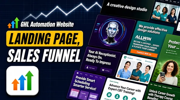 [Format]
Professional Fiverr gig cover, landscape 16:9 banner, data-driven dark advertising style with a dense screenshot cascade. No watermark, no personal names.

[Layout]
A deep navy-blue background overlaid with a glowing thin white line chart zigzagging across the upper half and faint grid lines. The left third is the headline stack plus a rounded tile at the bottom-left; the right two-thirds are filled with a tilted, overlapping cascade of website screenshot cards running off the top, right and bottom edges.

[Subject]
No people as cover subjects. The screenshots contain small photographic figures, including a smiling white / Caucasian woman with curly hair holding a phone on a green-tinted page, and nurses on a healthcare-training page, but the frame itself is a pure product composition.

[Headline]
On the left: a small icon of three rising arrows in orange, blue and green beside "GHL Automation Website" in bold white italic; then "LANDING PAGE," in very heavy black italic condensed caps on a bright golden-yellow slab with rounded corners; then "SALES FUNNEL" in very heavy white italic condensed caps directly on the navy. Bottom-left: a white rounded tile containing the same three rising arrows in orange, blue and green, slightly blurred for depth.

[Devices]
The right side is a diagonal stack of tilted website screenshots, readable fragments including: a dark page headlined "A creative design studio"; a teal page reading "We provide effective design solutions" with feature icons; a teal education page with an "ALLWIN" logo reading "BECOME A CERTIFIED ... EXPERT. TRANSFORM YOUR CAREER & ELEVATE YOUR CAREER" beside an orange "Connect With Us" contact form; a dark purple page headlined "Your AI Receptionist. Always On. Ready To Impress" with a glossy robot head and coloured rings; a purple scheduling page reading "Provide Smart Scheduling Smarter Service!" over appointment-booking tiles; a healthcare page reading "Advance Your Career with Expert CBT Training!" with photographs of a nurse; a page fragment reading "Unlock Career Growth with Therapy Course Benefits!"; and a green page reading "Protect Your ..." with the woman on the phone. Several cards are clipped and unreadable at the edges.

[Mood]
Busy, technical and conversion-focused; deep navy with a glowing growth chart, a gold slab headline and a dense wall of live-looking funnel pages.