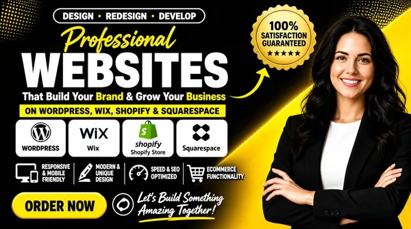 [Format]
Professional Fiverr gig cover, landscape 16:9 banner. High-contrast black-and-yellow advertising style with platform tiles and a glowing diagonal band. No watermark, no personal names.

[Layout]
A black background on the left two-thirds crossed by a broad luminous yellow diagonal band that sweeps from the bottom-left up behind the subject to the top-right corner. Fine halftone dot patches sit in the upper corners. The left half is a dense typography and tile stack; the subject occupies the right third, cropped at the waist and bleeding off the right and bottom edges.

[Subject]
On the right, standing against the yellow band: a young white / Caucasian woman with long wavy dark hair, wearing a black blazer over a white top, arms folded across her chest, smiling warmly at the camera. Clean studio light. No text or watermark on the subject.

[Headline]
Stacked on the left: a dark outlined pill with "DESIGN • REDESIGN • DEVELOP" in white caps; then "Professional" in a yellow script face; then "WEBSITES" in enormous heavy white condensed caps; then a supporting line in white "That Build Your Brand & Grow Your Business" with "Brand" and "Business" picked out in yellow; then a yellow slab carrying "ON WORDPRESS, WIX, SHOPIFY & SQUARESPACE" in heavy black caps. Below, a row of four white rounded tiles, each with a logo and name in dark text: the WordPress "W" ring logo over "WORDPRESS", the "WiX" wordmark over "Wix", the green Shopify bag with "shopify" over "Shopify Store", and the Squarespace interlocking mark over "Squarespace". Under the tiles, four line icons with two-line white caps labels: a monitor-and-phone for "RESPONSIVE & MOBILE FRIENDLY", a pen-tool for "MODERN & UNIQUE DESIGN", a gauge for "SPEED & SEO OPTIMIZED", a cart for "ECOMMERCE FUNCTIONALITY".

[Badges]
At the bottom left, a yellow rounded pill button with "ORDER NOW" in heavy black caps and a dark circle-arrow icon. To its right, a white handwritten script line "Let's Build Something Amazing Together!" Underlined with a yellow stroke. Above the subject's shoulder, a gold scalloped badge reading "100% SATISFACTION GUARANTEED" in black with a row of five stars and a small curved arrow pointing at the subject.

[Mood]
Confident, multi-platform and service-led; black ground with a glowing yellow sweep, crisp platform tiles and a friendly human presence anchoring the right.