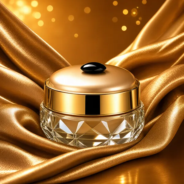 [Format]
Professional e-commerce product main image, square 1:1, opulent black-gold beauty style with flowing golden silk ribbons around a luxurious cream jar.

[Colors]
A rich golden-bronze background (#c99a4a range) filled with sweeping metallic-gold satin ribbons that curve diagonally through the frame, glittering gold dust bokeh, warm champagne highlights, and the jar mixing clear crystal, polished gold and a domed champagne lid with a dark gem accent. No frame border and no typography anywhere.

[Layout]
The ribbons sweep from the upper-left down through the right half in broad S-curves, filling most of the frame with luminous gold fabric. The jar sits centred-low, cradled where two ribbon folds cross, with soft golden bokeh glowing in the upper corners.

[Subject]
A round luxury face-cream jar: a faceted clear-crystal base, a wide polished gold band, and a smooth domed champagne-gold lid crowned with a slim black gleaming accent, mirror-finish reflections riding the ribbon light.

[Headline]
No display type; the frame is pure luxury product photography with the gold silk doing all the storytelling.

[Badges]
None.

[Mood]
Opulent, glowing and indulgent; molten gold ribbons and glitter bokeh wrapping a jewel-like cream jar, maximum richness with zero clutter.
