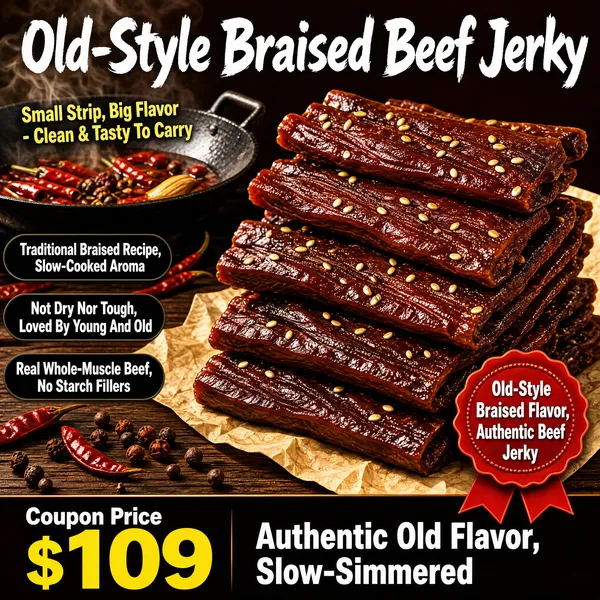 [Format]
Professional e-commerce product main image, square 1:1, rustic braided-meat snack style with warm smoky lighting and stacked claim pills.

[Colors]
Background is a deep warm brown (#3a2418) with a smoky dark wok scene blurred in the upper-left and soft amber light from the right; the jerky is glossy reddish-brown (#7a2a14) flecked with sesame; claim pills are dark charcoal chips with cream type; the bottom band is near-black brown (#241209) with white and yellow type; small accents are chili red. No frame border.

[Layout]
The headline sits across the top; a small sub-line angles down beside the wok; the jerky stack fills the centre-right on crumpled parchment; three rounded claim pills line up vertically along the left; a small red ribbon badge overlaps the lower right of the stack; a dark banner runs along the bottom for the price and tagline.

[Subject]
No people. A tall pile of thick old-style braised beef jerky strips, dark mahogany-red with a lacquered sheen, sprinkled with toasted sesame seeds, resting on greaseproof paper; behind them a black iron wok holds simmering red chilies and aromatics with steam curling up, over dried chilies and peppercorns scattered on the wooden surface.

[Headline]
Top in heavy white brush-style caps: "Old-Style Braised Beef Jerky", with a small yellow sub-line "Small Strip, Big Flavor - Clean & Tasty To Carry". Left pills read "Traditional Braised Recipe, Slow-Cooked Aroma", "Not Dry Nor Tough, Loved By Young And Old" and "Real Whole-Muscle Beef, No Starch Fillers".

[Badges]
A small red ribbon seal near the stack reads "Old-Style Braised Flavor, Authentic Beef Jerky". Bottom dark band: "Coupon Price" above a huge yellow "$109", then bold white "Authentic Old Flavor, Slow-Simmered".

[Mood]
Smoky, savory and nostalgic; fire-lit browns with sesame sparkle and a no-nonsense dark price strip.