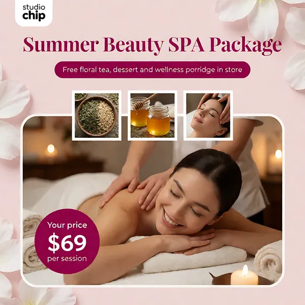 [Format]
Professional e-commerce product main image, square 1:1, soft pink spa-promotion style with floral accents and warm lifestyle photography.

[Colors]
Blush pink #f7d9e3 background with soft white flower petals in the corners; deep magenta serif headline accents; white-framed photos; magenta price circle; no frame border.

[Layout]
A small white studio chip at the top-left; a two-line headline across the top; a magenta pill beneath it; a row of three small framed photos; the main photo filling the lower half with a magenta price circle at its lower-left corner.

[Subject]
Main photo: a smiling white / Caucasian woman lying face-down on a white massage table, head resting on her folded arms, while a therapist's hands press into her shoulders, warm spa lighting with rolled towels around. Inset photos: a bowl of dried herbs and grains, jars of honey, and a close-up of a facial massage.

[Headline]
"Summer Beauty SPA Package" in deep magenta serif across the top; beneath it a magenta rounded pill "Free floral tea, dessert and wellness porridge in store" in white. Lower-left magenta circle: small "Your price" over "$69" in large white numerals and "per session" beneath.

[Mood]
Relaxing, indulgent and welcoming; rosy pink serenity with warm spa photography and a friendly deal badge.