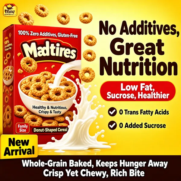 [Format]
Professional e-commerce product main image, square 1:1, golden cereal promo for ring-shaped breakfast cereal.

[Colors]
Golden-yellow background (#e9a72e range) fading lighter at the top, red cereal box with yellow bowl artwork, dark brown headline text, red and cream accents, brown bottom banner, white checkmarks.

[Layout]
Logo chip top left with small brand text top right, big two-line headline upper right, red pill banner under it, two check rows at right middle, hero box at left with flying cereal rings and a milk splash, orange tag block and brown strip along the bottom.

[Subject]
A red cereal box showing a white bowl of honey-colored oat rings with pouring milk, real golden ring cereal floating around with a dynamic milk splash.

[Headline]
Right: "No Additives, Great Nutrition" in heavy brown rounded sans-serif. Red pill: "Low Fat, No Sucrose, Healthier". Checks: "0 Trans Fatty Acids", "0 Added Sucrose". Box text: "100% Zero Additives, Gluten-Free", "Healthy & Nutritious, Crispy & Tasty", "Donut-Shaped Cereal", "Family Size". Bottom: "New Arrival" tag and brown strip "Whole-Grain Baked, Keeps Hunger Away" plus "Crisp Yet Chewy, Rich Bite".

[Badges]
Yellow "New Arrival" corner block bottom left; brown full-width strip.

[Mood]
Warm, wholesome and appetite-happy, a family breakfast favorite.