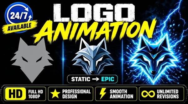 [Format]
Landscape 16:9 gig cover, dark gaming/esports style with electric blue lightning effects and a before-after comparison. Glossy cinematic finish. No watermark, no personal names.

[Layout]
The frame is divided into three vertical columns showing the same wolf emblem in progressive states: flat gray on the left, mid-detail in the center, and fully electrified on the right. A large title sits across the top third, overlapping the columns. A small "STATIC -> EPIC" label bridges the center column. A circular availability badge floats in the upper-left corner, and a horizontal strip of four trust badges spans the bottom edge.

[Subject]
none — typographic only

[Headline]
Top center: "LOGO" in huge white distressed sans-serif, with "ANIMATION" in matching yellow brush-stroke sans-serif directly beneath it. Center: "STATIC" in white small caps, a right-pointing arrow, and "EPIC" in cyan small caps on a dark pill. Upper-left badge: "24/7" in white on a blue circle with a curved arrow, plus "AVAILABLE" on a yellow brushed banner. Bottom strip, left to right: "HD" in a yellow rounded rectangle, then "FULL HD 1080P"; a star icon with "PROFESSIONAL DESIGN"; a lightning icon with "SMOOTH ANIMATION"; an infinity icon with "UNLIMITED REVISIONS" — all in white and yellow on black.

[Badges]
Upper-left circular "24/7 AVAILABLE" seal. Bottom row of four rectangular trust badges: HD, Professional Design, Smooth Animation, Unlimited Revisions.

[Mood]
Black, electric blue, cyan, and yellow palette, intense and high-energy with lightning and particle effects. Reads as an aggressive esports-style intro at thumbnail size.
