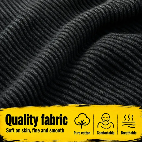 [Format]
Professional e-commerce product main image, square 1:1, tactile fabric close-up advertising style with a bold yellow info band.

[Colors]
The upper two-thirds are a full-bleed macro of charcoal-grey ribbed knit fabric; the bottom third is a bright yellow brush-stroke band with black icons and type. No frame border.

[Layout]
Full-bleed fabric texture photographed at a diagonal, showing deep wale ribs and soft folds. Bottom: a wide yellow painted band, left-aligned black headline with a sub-line, then three line icons with two-character captions spaced across the right.

[Subject]
No people. A dense macro view of heavyweight black ribbed cotton knit, the wales running in soft diagonal waves with fine fibre detail and gentle highlights along each ridge.

[Headline]
On the yellow band, left: "Quality fabric" in very heavy black display caps with "Soft on skin, fine and smooth" in smaller black beneath. To the right, three hand-drawn black line icons labelled "Pure cotton", "Comfortable" and "Breathable".

[Badges]
No badges; the icon trio carries the claims.

[Mood]
Tactile, honest and craft-led; moody charcoal texture against a warm energetic yellow stamp of quality.