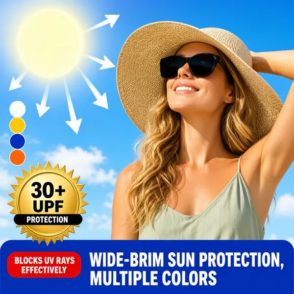 [Format]
Professional e-commerce product main image, square 1:1, sunny outdoor lifestyle style with sky backdrop. No watermark, no personal names.

[Colors]
Bright summer sky-blue background (#7db4e8 to #a8ccf0 range) with soft white clouds and a glowing translucent sun disc; primary accents golden straw tones, warm skin light, and a cobalt-blue banner (#1f6fd0) with red pill accents (#e03a2f). No frame border.

[Layout]
The full frame is an outdoor scene: a large pale sun glow occupies the upper left with small white arrow rays pointing down-right, while the model with the sun hat fills the right two-thirds. Four small color-swatch dots (white, yellow, blue, orange) stack vertically along the mid-left edge. The bottom quarter is covered by a solid cobalt-blue rounded banner strip with a red pill label at its left end, carrying two lines of text.

[Subject]
A young white / Caucasian woman with long wavy honey-blonde hair, smiling with her head tilted up toward the sun, wearing a wide-brim beige straw sun hat with a woven texture, oversized black sunglasses and a pale sage-green camisole; her fair-skinned hand rests behind her head. Bright natural sunlight with gentle lens glow.

[Headline]
The red pill on the banner reads "BLOCKS UV RAYS EFFECTIVELY" in white; beside it, large white bold caps: "WIDE-BRIM SUN PROTECTION, MULTIPLE COLORS".

[Badges]
Lower left over the scene: a golden sunburst seal with a black band reading "PROTECTION" and stacked text "30+" in huge black numerals above "UPF" in black caps.

[Mood]
Fresh, sunny and carefree; clear sky blue with warm straw and confident UPF claim.