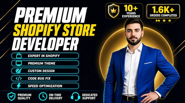 [Format]
Professional Fiverr gig cover, landscape 16:9 banner. Dark premium commercial advertising style with neon cyan outlines and gold trust badges. No watermark, no personal names.

[Layout]
A near-black navy background with subtle diagonal gold line accents and a large gold circular glow behind the subject on the right. The left half holds the headline, service list and trust bar; the right half features a cut-out portrait of a man in a suit.

[Subject]
On the right: a confident young white / Caucasian man with short dark hair and a neat beard, wearing a bright blue suit, white dress shirt and a dark belt, standing with one hand on his hip and looking at the camera with a calm expression. Waist-up, clean studio rim light with a gold edge glow. No text or watermark on the subject.

[Headline]
Upper left: "PREMIUM" in very heavy white condensed italic caps; then "SHOPIFY STORE" in very heavy yellow condensed italic caps; then "DEVELOPER" in very heavy white condensed italic caps.

[Badges]
Top-right: two gold-outlined badges — a shield with "10+" in large yellow bold, "YEARS" and "EXPERIENCE" in white caps and a small star; and a rectangular badge with a crown icon, "1.6K+" in yellow bold, "ORDERS COMPLETED" in white caps and five yellow stars beneath. Below the headline, five rounded dark pills with thin cyan outlines and matching icons: a shopping-bag mark for "EXPERT IN SHOPIFY", a monitor for "PREMIUM THEME", a paintbrush/palette for "CUSTOM DESIGN", a code bracket icon for "CODE BUG FIX", and a lightning bolt for "SPEED OPTIMIZATION". Along the bottom: three cyan icon-label pairs — a shield-check for "PREMIUM QUALITY", a clock for "ON-TIME DELIVERY", and a headset for "DEDICATED SUPPORT".

[Mood]
Premium, credential-heavy and confident; dark navy with cyan neon pills, gold trust badges and a sharp-suited developer portrait.