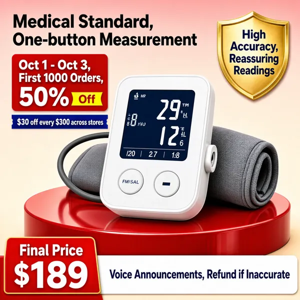 [Format]
Professional e-commerce product main image, square 1:1, warm clinical blood-pressure monitor promo in soft red and cream.

[Colors]
Background rosy pink-to-cream gradient (#f3d8d2 to #fbeee8) with a glossy red podium arc, primary accent white monitor body, secondary red promo card with yellow highlight, gold shield badge, navy display digits, No frame border.

[Layout]
Monitor hero center on the red podium with its cuff draped behind; top-left carries a two-line heading; below it a red date-and-discount card and a blue coupon strip; top-right gold shield badge; bottom band holds a red price tag and a white strip with navy text.

[Subject]
A white automatic upper-arm blood pressure monitor with a wide digital LCD showing readings, side port for the gray fabric cuff, two control buttons.

[Headline]
Black heading: "Medical Standard, One-button Measurement". Red card: "Oct 1 - Oct 3, First 1000 Orders, 50% Off". Blue strip: "$30 off every $300 across stores". Gold badge: "High Accuracy, Reassuring Readings". Bottom: "Final Price $189" and "Voice Announcements, Refund if Inaccurate".

[Badges]
Date-discount card, coupon strip, gold shield badge, bottom price and guarantee band.

[Mood]
Caring and dependable, health monitoring made simple at a festival price.