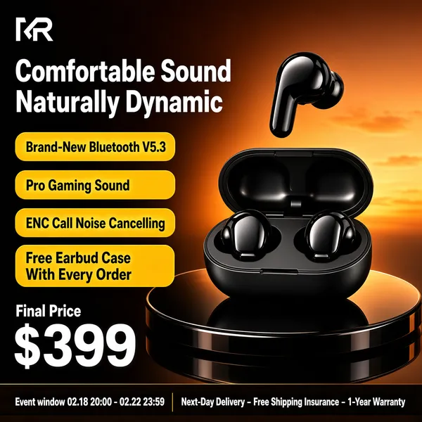[Format]
Professional e-commerce product main image, square 1:1, premium dark-tech gadget style with a warm sunset gradient.

[Colors]
Deep warm gradient from charcoal-brown #3a2a24 through burnt orange into a hazy dusk sky, glossy black hardware, mustard-yellow claim pills, white display type, a reflective black glass disc beneath the product; no frame border.

[Layout]
A logo placeholder sits top-left; the two-line headline holds the upper-left; four yellow feature pills stack down the left; the earbuds and charging case fill the right two-thirds on a round mirror pedestal; a white price block anchors the bottom-left and a slim info strip runs along the bottom.

[Subject]
Right: a pair of glossy black wireless earbuds, one floating above an open matte-black charging case with two curved earbuds seated inside, reflections shimmering on the polished glass disc below.

[Headline]
Upper-left white: "Comfortable Sound" and "Naturally Dynamic" stacked in bold; yellow pills: "Brand-New Bluetooth V5.3", "Pro Gaming Sound", "ENC Call Noise Cancelling", "Free Earbud Case With Every Order"; bottom-left: "Final Price" above "$399" in enormous white numerals; bottom strip: "Event window 02.18 20:00 - 02.22 23:59" and "Next-Day Delivery - Free Shipping Insurance - 1-Year Warranty" in small white.

[Mood]
Sleek limited-drop dusk vibe; a warm gradient sky over glossy black audio gear with confident type.
