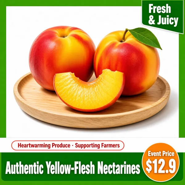 [Format]
Professional e-commerce product main image, square 1:1, fresh produce style with bright appetite-appeal photography and a clean colour-blocked frame.

[Colors]
A vivid grass-green outer frame (#3fa840 range) surrounds a white inner canvas; accents in juicy coral-red, warm golden orange and leaf green; wooden brown prop tones. Green frame border around the whole tile.

[Layout]
Centre-weighted hero photo of the fruit on a round wooden plate resting on a soft white pedestal shadow. The top-right corner carries a green corner tag with white text. The bottom quarter is split into a white strip with a red-outlined pill badge on the left and a full-width green price band carrying the title in white.

[Subject]
Two whole tree-ripened nectarines with red-blushed yellow skin, one with a green leaf attached, arranged on a round light-wood plate; a cut wedge with glistening golden-yellow flesh and a small bite taken out leans in the foreground; soft daylight, gentle contact shadows. No people.

[Headline]
Top-right tag: "Fresh & Juicy" in white caps. The white strip holds a red pill reading "Heartwarming Produce · Supporting Farmers". The green band headline reads "Authentic Yellow-Flesh Nectarines" in heavy white caps; on its right an orange circular sticker says "Event Price" above "$12.9" in huge white numerals.

[Mood]
Juicy, trustworthy farm-stand freshness with festive market energy.