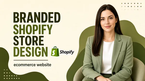 [Format]
Professional Fiverr gig cover, landscape 16:9 banner. Soft, earthy boutique-branding style on a warm cream ground. No watermark, no personal names.

[Layout]
A warm cream background with large organic olive-green blob shapes flowing in from the bottom-left corner and behind the subject on the right, plus small dot-grid clusters in the top-right and bottom-left corners. The left half holds the stacked headline; the subject occupies the right half.

[Subject]
Right side, waist-up and seated: a young white / Caucasian woman with long straight dark-brown hair, wearing a sage-green blazer over a white top, hands resting calmly, soft closed-lip smile, looking directly at the camera. Soft, even natural light. No text or watermark on the subject.

[Headline]
Stacked on the left in a condensed sans-serif with alternating olive tones: "BRANDED" in very dark olive caps; "SHOPIFY" in mid olive-green caps; "STORE" in very dark olive caps; "DESIGN" in mid olive-green caps with the olive-green Shopify shopping-bag logo set beside it. Beneath, a short olive underline rule and "ecommerce website" in small dark lowercase.

[Mood]
Calm, tasteful and boutique; warm cream with sage and olive tones, elegant condensed type and a poised human presence — refined rather than loud.
