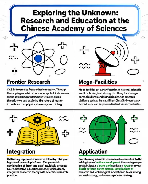 This infographic is titled "Exploring the Unknown: Research and Education at the Chinese Academy of Sciences" and adopts a clean, modern flat design style. The overall layout is a 2x2 grid structure divided into four quadrants, each corresponding to a core theme. The top title is placed inside a speech bubble with a blue gradient border, in a large and eye-catching font, conveying a thematic atmosphere of exploration and exchange. The overall visual elements are primarily black-and-white line drawings, supplemented by a small amount of highly saturated color (such as blue, red, yellow, and green) as key markers, paired with decorative shapes such as geometric symbols, ripples, plus signs, and ellipses to enhance the visual layering and technological feel. The four quadrants showcase the core work of the Chinese Academy of Sciences (CAS) from different dimensions: 1. **Upper left: Frontier Research** - Icon: an atom model made of black lines, with a blue dot at the center representing the nucleus and three elliptical orbits around it symbolizing the electron cloud. - Text content: - Title: "Frontier Research" - Body: "CAS is devoted to frontier basic research. Through the simple geometric atom model symbol, it showcases the scientific spirit of scientists crossing into the unknown and exploring the nature of matter in fields such as physics, chemistry, and biology." - Visual aids: plus signs, wavy lines, and ellipses are dotted around the icon, creating an atmosphere of dynamic exploration. 2. **Upper right: Mega-Facilities** - Icon: a parabolic antenna (similar to a radio telescope), with a white parabolic dish, a red base, and a red dot at the top emitting three arcing signal ripples. - Text content: - Title: "Mega-Facilities" - Body: "Mega-facilities are a manifestation of national scientific and technological strength. Using flat-design parabolic dishes and signal ripples, top research platforms such as the magnificent China Sky Eye are transformed into clear, easy-to-understand visual coordinates." - Visual aids: also accompanied by plus signs, wavy lines, and ellipses, emphasizing signal propagation and technological advancement. 3. **Lower left: Integration** - Icon: an open yellow book with a yellow bachelor's cap placed above its pages, with a gear embedded in the center of the cap, symbolizing the combination of academia and practice. - Text content: - Title: "Integration" - Body: "Cultivating top-notch innovative talent by relying on high-level research platforms. The geometric combination of 'book and gear' intuitively presents CAS's distinctive educational model, which deeply integrates academic theory with scientific research practice." - Visual aids: decorated around it with plus signs, wavy lines, and ellipses, highlighting the interaction between education and innovation. 4. **Lower right: Application** - Icon: a green globe with a latitude-longitude grid on its surface, with a green block shaped like an upward arrow on the right, symbolizing development and progress. - Text content: - Title: "Application" - Body: "Transforming scientific research achievements into the driving force of national development. Abandoning complex details, it uses a pure globe and an upward-arrow block to focus on the practical contributions of scientific and technological innovation in fields serving national strategy, such as aerospace and ecology." - Visual aids: also uses plus signs, wavy lines, and ellipses, strengthening the connection between the realization of results and national development. All text uses sans-serif fonts, with Chinese and English labeled side by side for easy international understanding. The color coding echoes the themes: blue represents basic research, red represents major facilities, yellow represents education, and green represents application and transformation. The overall design logic is clear and the information hierarchy is well defined, aiming to systematically present, in a visualized way, CAS's strategic layout and core values in research and education.
