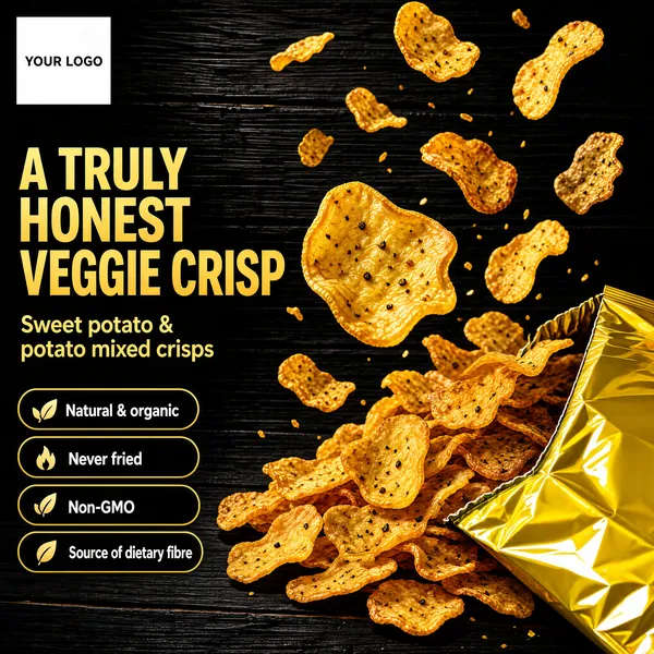 Golden Sweet Potato Crisps Spilling from Bag