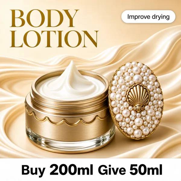 [Format]
Professional e-commerce product main image, square 1:1, opulent skincare-jar style in champagne and gold with a silky cream-swirl backdrop.

[Colors]
Warm ivory-to-champagne background (#f3e6cf) with flowing cream swirls; the jar in brushed gold with a pearl-encrusted lid; headline in antique gold serif; a small white pill with grey text; a white banner strip at the base with dark text. No frame border.

[Layout]
The headline sits top-left in large serif caps; a small white rounded pill floats top-right below it. The open jar occupies the centre-left with its sculpted pearl lid standing upright at the right, slightly overlapping. A full-width white band along the bottom carries the offer line.

[Subject]
No people. A luxurious wide-bodied cream jar in champagne gold with a scalloped gold collar and a domed lid encrusted with lustrous pearls and a gold scallop shell ornament, shown open — a smooth white cream peak rising from the glass-clear base; soft studio glow, gentle reflections.

[Headline]
Top-left, in elegant gold serif caps: "BODY LOTION". Top-right pill in grey text on white: "Improve drying".

[Badges]
Bottom white band with bold dark text: "Buy 200ml Give 50ml", the numerals emphasised.

[Mood]
Regal, silky and gift-worthy; pearl-and-gold opulence on warm cream, quiet luxury with a generous bundle offer.
