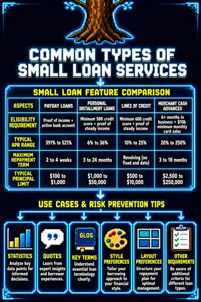 This infographic, titled "COMMON TYPES OF SMALL LOAN SERVICES," is presented in a retro pixel-art style with a dark blue background, glowing neon-blue borders, and a tree trunk graphic at the top center serving as a visual anchor. The design uses a hierarchical flowchart structure to organize information, with arrows guiding the viewer from the main title down through sections.

The first major section, labeled "SMALL LOAN FEATURE COMPARISON," features a table comparing four types of small loans: PAYDAY LOANS, PERSONAL INSTALLMENT LOANS, LINES OF CREDIT, and MERCHANT CASH ADVANCES. The table is structured with five rows representing different ASPECTS:

- **ELIGIBILITY REQUIREMENT**:
  - PAYDAY LOANS: Proof of income + active bank account
  - PERSONAL INSTALLMENT LOANS: Minimum 580 credit score + proof of steady income
  - LINES OF CREDIT: Minimum 600 credit score + proof of steady income
  - MERCHANT CASH ADVANCES: 6+ months in business + $10k minimum monthly card sales

- **TYPICAL APR RANGE**:
  - PAYDAY LOANS: 391% to 521%
  - PERSONAL INSTALLMENT LOANS: 6% to 36%
  - LINES OF CREDIT: 10% to 25%
  - MERCHANT CASH ADVANCES: 20% to 250%

- **MAXIMUM REPAYMENT TERM**:
  - PAYDAY LOANS: 2 to 4 weeks
  - PERSONAL INSTALLMENT LOANS: 3 to 24 months
  - LINES OF CREDIT: Revolving (no fixed end date)
  - MERCHANT CASH ADVANCES: 3 to 18 months

- **TYPICAL PRINCIPAL LIMIT**:
  - PAYDAY LOANS: $100 to $1,000
  - PERSONAL INSTALLMENT LOANS: $1,000 to $50,000
  - LINES OF CREDIT: $500 to $10,000
  - MERCHANT CASH ADVANCES: $2,500 to $250,000

Below this table, an arrow leads to a second section titled "USE CASES & RISK PREVENTION TIPS." This section branches out into six categories, each represented by a pixelated icon and a short descriptive phrase:

1. **STATISTICS** (icon: bar chart) – “Analyze key data points for informed decisions.”
2. **QUOTES** (icon: speech bubble) – “Learn from expert insights and borrower experiences.”
3. **KEY TERMS** (icon: book labeled “GLOS”) – “Understand essential loan terminology clearly.”
4. **STYLE PREFERENCES** (icon: paint palette) – “Tailor your borrowing approach to your financial style.”
5. **LAYOUT PREFERENCES** (icon: grid layout) – “Structure your repayment plan for optimal management.”
6. **OTHER REQUIREMENTS** (icon: clipboard with checkmarks) – “Be aware of additional criteria for different loan types.”

The overall visual style is reminiscent of 8-bit video games, with blocky fonts, limited color palettes, and glowing outlines. All text is rendered in uppercase or mixed case with consistent pixelated typography. The color scheme primarily uses shades of blue, yellow, and white, with brown for the tree trunk element. The layout is clean and logical, using directional arrows to guide the viewer’s eye from top to bottom and then branching horizontally in the lower half. The infographic effectively combines comparative data with actionable advice, making it both informative and visually engaging.