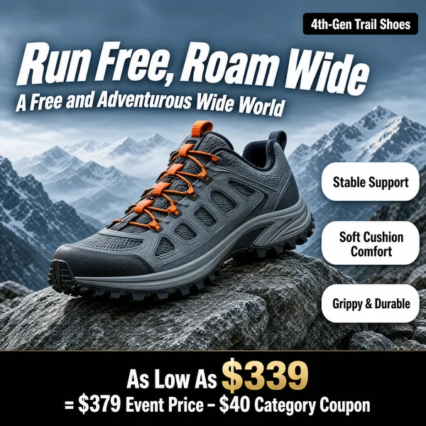 [Format]
Professional e-commerce product main image, square 1:1, rugged alpine outdoor footwear style.

[Colors]
Background misty blue-grey mountain sky (#aebfcc) with snowy peaks and a rocky grey foreground; accents a grey-and-slate trail shoe with orange lace details, white italic type and white feature pills; a dark footer bar. No frame border.

[Layout]
The giant headline arcs across the top left with a small white English echo line beneath; a brand tag sits at the top right; the shoe is planted on rocks at the centre; three white feature pills stack down the right; a dark footer bar carries the price math.

[Subject]
No people. A grey-and-slate trail running shoe with orange quick-lace pulls, a protective toe cap and a deep-lug outsole, planted firmly on a rough boulder with misty snow-capped ridgelines behind.

[Headline]
"Run Free, Roam Wide" in enormous white italic caps, with "A Free and Adventurous Wide World" in small white beneath; the top-right tag reads "4th-Gen Trail Shoes"; the pills say "Stable Support", "Soft Cushion Comfort" and "Grippy & Durable"; the footer shows "As Low As $339" in white over gold-tinted numerals, plus the line "= $379 Event Price − $40 Category Coupon".

[Badges]
No badges; the pills and footer carry the claims.

[Mood]
Adventurous and sure-footed; alpine mist, rocky texture and bold expedition typography.