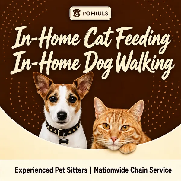 [Format]
Professional e-commerce product main image, square 1:1, warm pet-care service style with cocoa-brown coziness, playful brush-script type and adorable pet cut-outs.

[Colors]
Warm cocoa-brown ground (#8a5a44 range) with faint dotted rings; cream brush-script display type; natural pet photography; a cream bottom strip. No frame border.

[Layout]
A small logo chip sits top-centre; the two-line script headline dominates the upper half; a terrier and a tabby cat peek from the lower half over a sweeping cream curve; the bottom strip carries the service line.

[Subject]
Lower centre: an alert white-and-brown Jack Russell terrier wearing a studded collar with a bone tag, and beside it a calm orange tabby cat resting its chin on the cream curve, both crisp photo cut-outs. No people.

[Headline]
Huge cream hand-brush script: "In-Home Cat Feeding" over "In-Home Dog Walking"; the bottom cream strip in brown caps: "Experienced Pet Sitters | Nationwide Chain Service".

[Mood]
Warm, friendly and caretaking; cocoa-brown coziness with playful script and lovable pet cut-outs.
