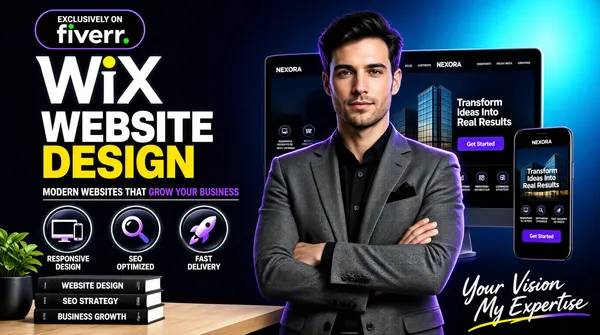 [Format]
Professional Fiverr gig cover, landscape 16:9 banner. Modern tech-studio advertising style, glossy and premium, with glassy reflections and a purple-blue accent rim. No watermark, no personal names.

[Layout]
A deep navy-to-cyan gradient studio background, brightest at the upper right. A pale wood desk runs across the lower left with a small potted plant and a stack of three dark books; the rest of the scene falls away into a soft dark blur. The left half carries the headline block; the right half holds the subject with a floating cluster of devices. A violet rim light traces the subject's shoulder and the outer edges of the frame.

[Subject]
Centre-right: a confident young white / Caucasian man with dark hair, light stubble, wearing a medium-grey textured blazer over a black button-up shirt with a black pocket square, arms folded, waist-up, lightly cut out against the dark studio background and subtly rim-lit in violet. No text or watermark on the subject.

[Headline]
On the left: a rounded black pill with a purple border at the top containing "EXCLUSIVELY ON" in small white caps above the white "fiverr." wordmark with its green dot. Below, the platform name "WiX" rendered huge in white — three outlined letters with a yellow dot over the i. Under it "WEBSITE" in heavy white condensed caps, then "DESIGN" in heavy yellow condensed caps. A thin white separator line follows, then a single line of white caps "MODERN WEBSITES THAT GROW YOUR BUSINESS" with the words "GROW YOUR BUSINESS" picked out in purple.

[Badges]
A row of three circular badges outlined in thin white rings on dark glass, each with a purple-and-blue gradient icon over small white caps: a monitor-and-phone icon for "RESPONSIVE DESIGN", a magnifier icon for "SEO OPTIMIZED", and a rocket icon for "FAST DELIVERY". A stack of three dark books sits on the bottom-left desk edge with white spine text reading "WEBSITE DESIGN", "SEO STRATEGY" and "BUSINESS GROWTH".

[Graphic accents]
In the bottom-right corner, a small handwritten white script line "Your Vision My Expertise" with a swash underline in yellow and violet.

[Devices]
On the right, behind and beside the subject: a large desktop monitor showing a dark portfolio site with a navigation bar, a property hero image of a glass office building, the headline "Transform Ideas Into Real Results", a purple "Get Started" button, service icons and a stat strip. A smartphone stands in front of it showing the same brand on a mobile layout. The brand name on the screens is "NEXORA".

[Mood]
Premium, technical, quiet luxury; deep navy-to-cyan gradient with violet rim light, glass device depth and confident corporate typography.