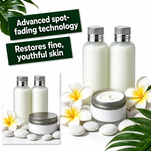[Format]
Professional e-commerce product main image, square 1:1, clean botanical skincare advertising style with an apothecary-glass mood.

[Colors]
Background is bright white with green tropical leaves entering the top-left and bottom-right corners; primary accents are dark forest-green headline plates, pale glass bottles with silver caps, and soft frangipani blooms. No frame border.

[Layout]
Two overlapping photo blocks: a larger right block showing two tall bottles beside an open cream jar, and a smaller left block showing a second bottle pair with a closed jar on white pebbles. Headline sits on two green plates at the upper left, angled slightly.

[Subject]
Two tall frosted-glass apothecary bottles with ribbed silver screw caps filled with milky lotion, next to a wide open white cream jar with a knurled metal lid rim; yellow-and-white frangipani flowers and smooth white pebbles scattered at the base.

[Headline]
Upper-left on two dark forest-green rectangular plates, white heavy text: first plate "Advanced spot-fading technology", second plate below "Restores fine, youthful skin".

[Badges]
No badges; the composition is purely product and type.

[Mood]
Pure, clinical-yet-botanical and serene; crisp white with deep green type and dewy glass textures.