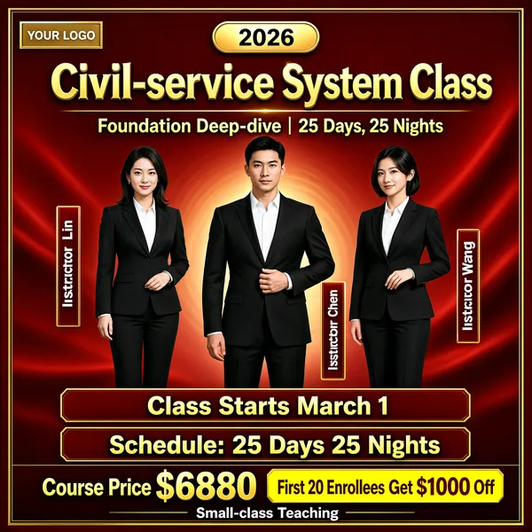 [Format]
Professional e-commerce course main image, square 1:1, premium red-and-gold civil-service system class poster with a three-teacher faculty lineup.

[Colors]
Background rich crimson red (#b01818) with silky light sweeps and radial glow, primary accent luminous gold (#f2c14e), secondary black suits and white shirts, dark red info bars, thin gold line frame inset.

[Layout]
Top-center gold pill with the year; beneath it a massive gold dimensional headline; a gold divider line with subtitle; middle band features three instructors standing side by side with small vertical red name tags; bottom holds two gold-outline bars and a price row with a yellow highlight note.

[Subject]
Three young Asian instructors, two women and one man, dressed in sharp black suits with white shirts, posed confidently like a faculty team.

[Headline]
Gold pill: "2026". Giant gold headline: "Civil-service System Class". Subtitle: "Foundation Deep-dive | 25 Days, 25 Nights". Gold bars: "Class Starts March 1" and "Schedule: 25 Days 25 Nights". Price row: "Course Price $6880" in gold digits, yellow tag "First 20 Enrollees Get $1000 Off", white note "Small-class Teaching". Top-left "YOUR LOGO".

[Badges]
Year pill, instructor name tags, schedule bars, discount tag, logo chip.

[Mood]
Prestigious and high-stakes, positioning the course as elite exam training.