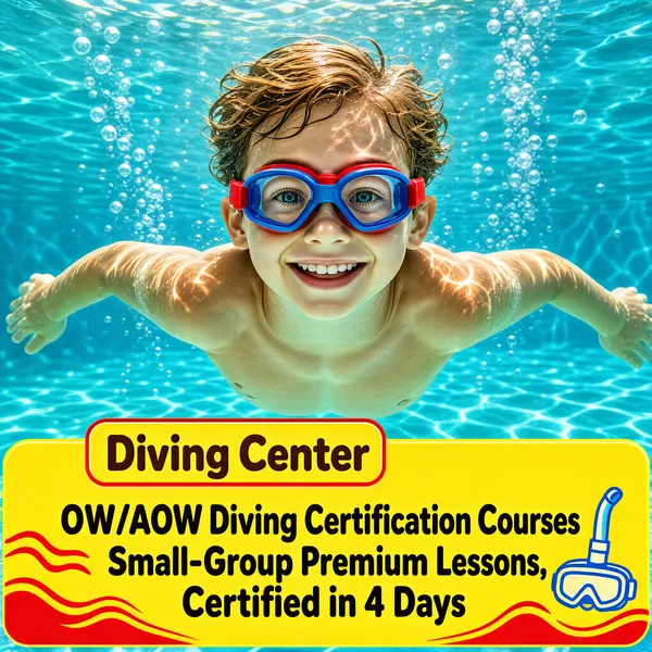 [Format]
Professional e-commerce product main image, square 1:1, immersive underwater photography style with a bright banner card at the bottom.

[Colors]
Sunlit turquoise pool water (#3fb9d8 range) with shimmering caustic light patterns and small rising bubbles. Accents are sunshine yellow, warm brown and red-blue goggle tones. No frame border.

[Layout]
A smiling child swims toward the camera filling the upper two-thirds. A large rounded yellow banner card overlaps the lower third with wavy red edge accents and a snorkel-mask doodle at its right end.

[Subject]
Centre: a joyful young white / Caucasian boy with wet light-brown hair, wearing red-and-blue swim goggles, gliding underwater toward the camera with a wide smile, shoulders and arms trailing, sunbeams rippling across his skin.

[Headline]
On the yellow banner: a rounded red-outline tab reading "Diving Center" in bold brown caps, with a small blue snorkel-mask illustration at the right. Beneath, two lines of bold brown text: "OW/AOW Diving Certification Courses" and "Small-Group Premium Lessons, Certified in 4 Days", flanked by small red wave squiggles.

[Badges]
No separate badges; the banner card and the doodle mask carry all the messaging.

[Mood]
Adventurous, summery and confidence-building; crystal-clear blue water with warm yellow promo warmth.