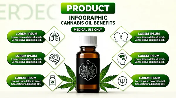 [Format]
Landscape 16:9 gig cover, symmetrical product infographic layout on a light studio background. Clean vector-render finish. No watermark, no personal names.

[Layout]
An off-white, light-grey background with a faint ghosted word partially visible in the top-left. The header block sits top-centre: a green gradient rectangle plate, dark-green headline lines beneath it, then a green pill button. The body is a symmetric radial arrangement: a photoreal 3D bottle stands dead centre, dark amber glass with a white ribbed cap and a black leaf-badge label, green cannabis leaves fanned behind its base. From the bottle, three rounded green-gradient pill panels radiate to the left and three to the right, stacked in columns that step outward and down; each pill panel carries a small caps title and two lines of tiny placeholder body text, and connects to a white diamond (a square rotated 45 degrees) holding a thin green line icon — lungs, brain and medicine bottle down the left; two head profiles, a head with puzzle pieces, and a psi symbol down the right. The diamonds sit between the bottle and each panel.

[Subject]
The 3D bottle is the hero object, centre frame, about a third of the frame height, casting a soft shadow on the pale floor.

[Headline]
Top-centre stack: "PRODUCT" in large white extra-bold caps on the green gradient plate; "INFOGRAPHIC" beneath in dark-green extra-bold caps; "CANNABIS OIL BENEFITS" smaller in dark-green bold caps; "MEDICAL USE ONLY" in small white caps on a green pill button.

[Badges]
Six identical "LOREM IPSUM" panel titles with lorem body lines; small green line icons inside the white diamonds as listed.

[Mood]
Fresh greens from lime to forest on white; clinical, organic, perfectly balanced symmetry; the dark bottle against the pale background reads instantly at thumbnail size.