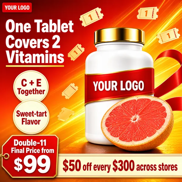 [Format]
Professional e-commerce product main image, square 1:1, radiant Double-11 vitamin supplement scene on a sunset-red backdrop.

[Colors]
Background blazing red-to-amber sunset gradient (#c1272d to #f2903f) with golden light streaks and flying ticket-shaped confetti, primary accent white bottle and gold cap, secondary red swirl ribbon, cream circles and a beige promo bar, No frame border.

[Layout]
Vitamin bottle hero right-of-center with a fresh grapefruit half in front; left column carries a two-line red headline with gold underline, then two cream circles with red text; bottom-left red price tag; bottom-right wide beige bar with red text.

[Subject]
A white plastic supplement bottle with a gold screw cap, red ribbon label reading the brand name, standing beside a juicy cut pink grapefruit.

[Headline]
Red headline: "One Tablet Covers 2 Vitamins". Cream circles: "C + E Together" and "Sweet-tart Flavor". Price tag: "Double-11 Final Price from $99". Beige bar: "$50 off every $300 across stores" in bold red. Top-left "YOUR LOGO" chip.

[Badges]
Logo chip, two flavor circles, price tag, wide promo bar, flying ticket confetti.

[Mood]
Vibrant and vitalizing, a sunny wellness boost at a festive price.