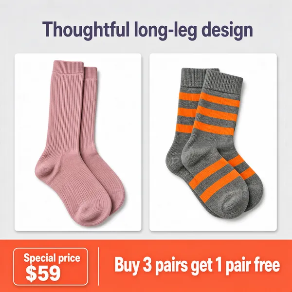 [Format]
Professional e-commerce product main image, square 1:1, clean apparel-catalog advertising style with a neat split-card grid.

[Colors]
A light grey studio background (#eceef0 range); two white product cards with soft shadows; a pastel pink sock and a grey-orange striped sock; a purple-grey headline and a coral-orange bottom bar. No frame border.

[Layout]
A centred headline line sits at the top. Below, two equal white rectangular cards sit side by side, each displaying one folded pair of socks. The bottom quarter is a coral band: a price chip on the left, a divider, then a white deal line in bold lettering.

[Subject]
Left card: a dusty-pink ribbed cotton crew sock laid flat in a soft folded drape showing the elongated ribbed leg. Right card: a heather-grey sock with bold orange horizontal stripes and a grey ribbed cuff, folded to show heel and toe. Flat-lay catalogue lighting, crisp fabric texture.

[Headline]
Top centre: "Thoughtful long-leg design" in medium-weight grey-purple characters. Bottom-left coral chip: "Special price $59" in white. Bottom band: "Buy 3 pairs get 1 pair free" in large bold white characters.

[Badges]
No badges; the price chip and deal line carry all claims.

[Mood]
Tidy, soft and wardrobe-friendly; neutral catalogue calm with a warm coral promo kick, everyday-essential clarity at thumbnail size.