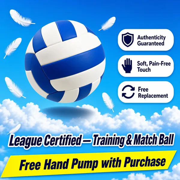 [Format]
Professional e-commerce product main image, square 1:1, bright sporty promo style with an airy sky theme.

[Colors]
Background is a vivid sky-blue gradient with soft white cumulus clouds below and drifting white feathers (#7ec3ee range). Headline navy with a white outline, strips yellow and navy, pills white. No frame border.

[Layout]
The volleyball floats upper-center-left at a large scale. Three white feature pills stack down the right edge. The bottom quarter holds two stacked slogan strips.

[Subject]
A blue-and-white paneled volleyball with soft matte texture, tilted in mid-air with a gentle drop shadow on the cloud below it; a few delicate feathers float around the ball; no people.

[Headline]
Right-edge pills top to bottom: a shield icon with "Authenticity Guaranteed", a hand icon with "Soft, Pain-Free Touch", and a refresh icon with "Free Replacement". Lower area: "League Certified — Training & Match Ball" in heavy navy italic caps with a white outline, then a yellow angled strip with navy text "Free Hand Pump with Purchase".

[Mood]
Light, energetic and certified-trustworthy; fresh sky blues with crisp navy type that pops against the clouds.