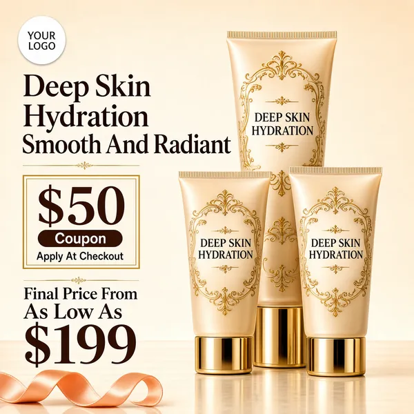 [Format]
Professional e-commerce product main image, square 1:1, premium neutral skincare-promo style with a soft champagne set and elegant brown typography.

[Colors]
A warm cream-to-taupe studio background (#efe3d3 range) with a pale reflected floor, champagne-gold and beige product tubes, deep brown display type, a gold-outlined coupon box, and a peach ribbon curl accent at the lower-left. Small logo chip at the top-left. No frame border.

[Layout]
A headline pair occupies the upper-left. The three tubes stand in a staggered group centre-right, tallest behind and two smaller sizes in front. A gold-outlined coupon box sits mid-left under the headline, and the price block anchors the bottom-left corner.

[Subject]
Three frosted champagne-beige cosmetic tubes with ornate gold filigree prints and polished gold caps, labelled in elegant serif caps, standing upright with soft reflections; gradated heights create a family-set silhouette under soft diffused light.

[Headline]
Upper-left: "Deep Skin Hydration" over "Smooth And Radiant" in two lines of heavy brown serif-style caps. Beneath, a gold-outlined box with "$50" very large in brown beside a pill reading "Coupon" and a line "Apply At Checkout". Bottom-left: "Final Price From" small above "As Low As $199" with the numerals very large in brown.

[Badges]
A small white circular logo seal with "YOUR LOGO" dealer text at the top-left corner.

[Mood]
Understated, spa-like and premium; warm neutrals and gold filigree with calm confident typography and a quiet luxury feel.