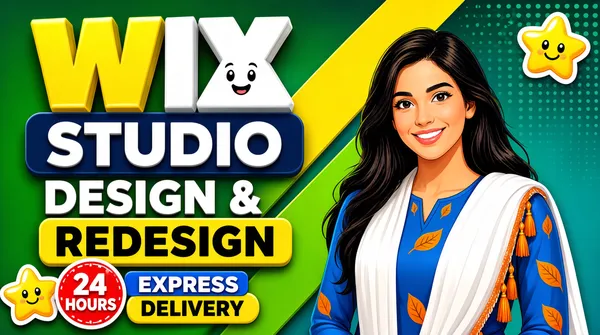 [Format]
Professional Fiverr gig cover, landscape 16:9 banner. Vibrant illustrated design-studio style with bold 3D lettering and friendly cartoon accents. No watermark, no personal names.

[Layout]
A rich green and teal gradient background with large diagonal yellow and green geometric slabs crossing the frame. The left half holds the title stack and delivery badge; the right half shows a cut-out illustrated character. Small yellow star mascots with faces float near the top-right and bottom-left corners.

[Subject]
On the right: a smiling young white / Caucasian woman with long dark hair, wearing a bright blue traditional outfit with small orange leaf motifs, a white dupatta draped over her shoulders and orange tassel details, rendered as a clean digital illustration. She is shown from the waist up, facing slightly toward the centre with a warm friendly expression. No text or watermark on the subject.

[Headline]
Stacked on the left: "WIX" in enormous heavy 3D yellow sans-serif caps with a white "X" that has a small smiling cartoon face in the negative space; then "STUDIO" in very heavy white sans-serif caps set on a dark blue rounded rectangular slab; then "DESIGN &" in bold white caps and "REDESIGN" in bold black caps on a bright yellow rounded slab.

[Badges]
Bottom-left: a red circular clock badge with white text "24 HOURS"; beside it, a yellow rounded pill with "EXPRESS" in black caps on a blue tab extension, and below it "DELIVERY" in black caps on the yellow pill.

[Graphic accents]
Small glossy yellow cartoon stars with smiling faces and white outlines float in the top-right and bottom-left corners as decorative mascots; subtle dotted patterns and circular halftone textures appear in the upper right background.

[Mood]
Bright, friendly and illustration-led; saturated green and yellow palette, playful mascot stars and an approachable character.
